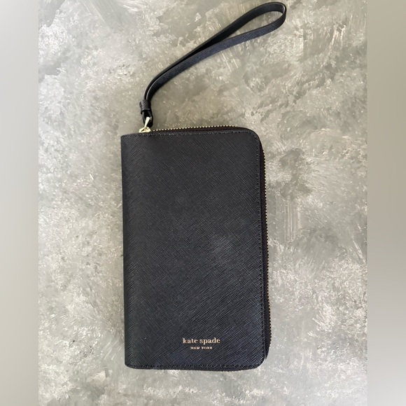 Kate Spade Zip Around Saffiano Leather Black iPhone X Wristlet Folio Case - Picture 1 of 4